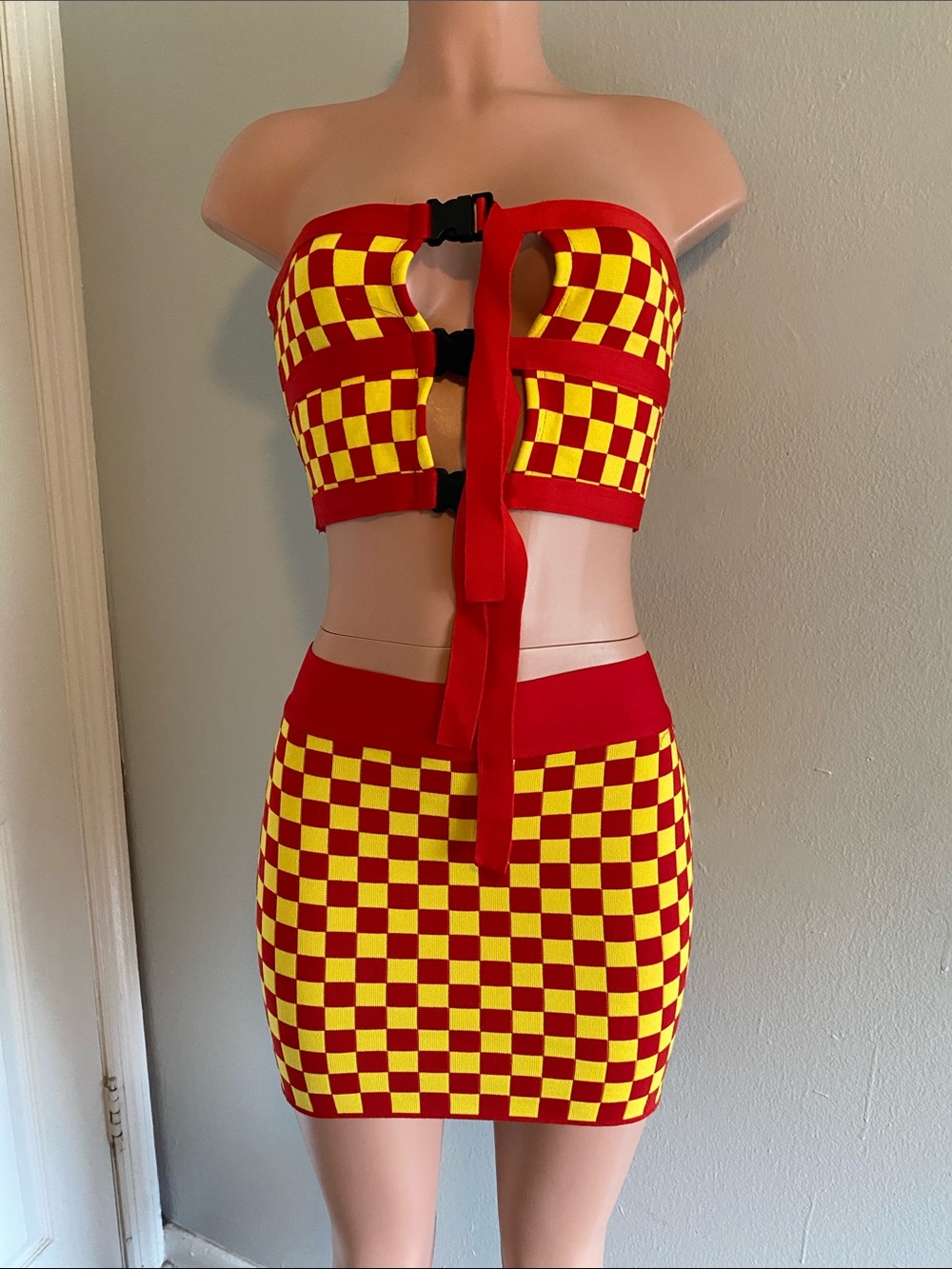Red and Yellow Checkerboard Strapless Two-Piece Set